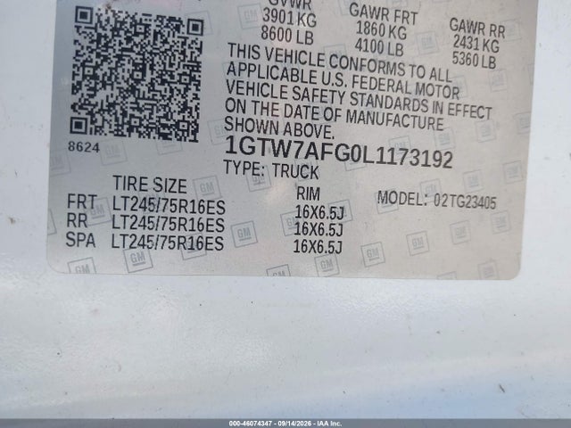 Aukcja sprzedaży 2020 Gmc Savana Cargo Rwd 2500 Regular Wheelbase Work Van, vin: 1GTW7AFG0L1173192, numer aukcji: 46074347