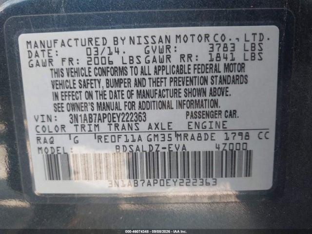 Aukcja sprzedaży 2014 Nissan Sentra Fe+ S/fe+ Sv/s/sl/sr/sv, vin: 3N1AB7AP0EY222363, numer aukcji: 46074348