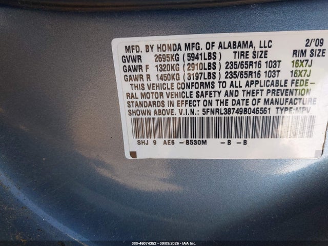 Продаж на аукціоні авто 2009 Honda Odyssey Ex-l, vin: 5FNRL38749B046561, номер лоту: 46074352