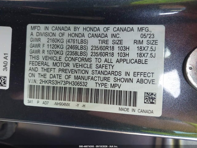 Aukcja sprzedaży 2023 Honda Cr-v Ex-l 2wd, vin: 2HKRS3H73PH306532, numer aukcji: 46074355