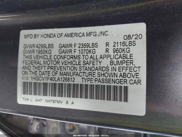 Продаж на аукціоні авто 2020 Honda Accord Ex, vin: 1HGCV1F40LA126812, номер лоту: 46074358