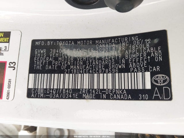 Продажа на аукционе авто 2012 Toyota Corolla Le, vin: 2T1BU4EE4CC878596, номер лота: 46074374