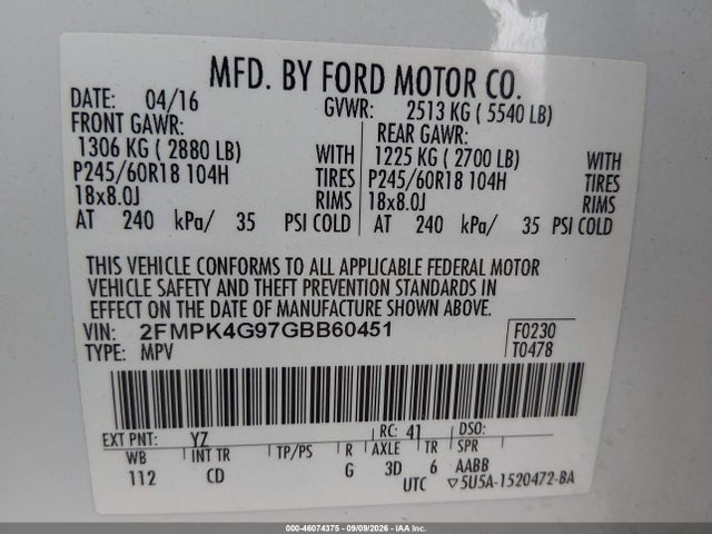 Продаж на аукціоні авто 2016 Ford Edge Se, vin: 2FMPK4G97GBB60451, номер лоту: 46074375