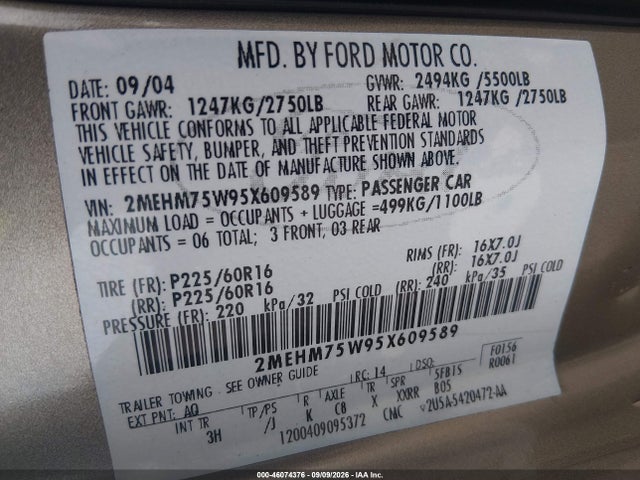 Aukcja sprzedaży 2005 Mercury Grand Marquis Ls/lse, vin: 2MEHM75W95X609589, numer aukcji: 46074376