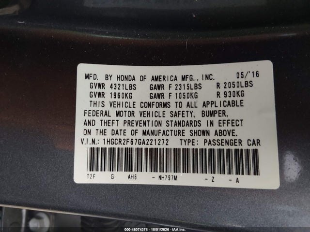 Продажа на аукционе авто 2016 Honda Accord Sport, vin: 1HGCR2F67GA221272, номер лота: 46074378