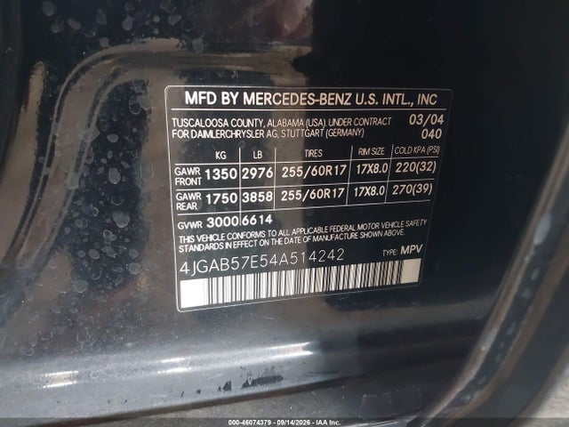 Продажа на аукционе авто 2004 Mercedes-benz Ml 350 4matic, vin: 4JGAB57E54A514242, номер лота: 46074379