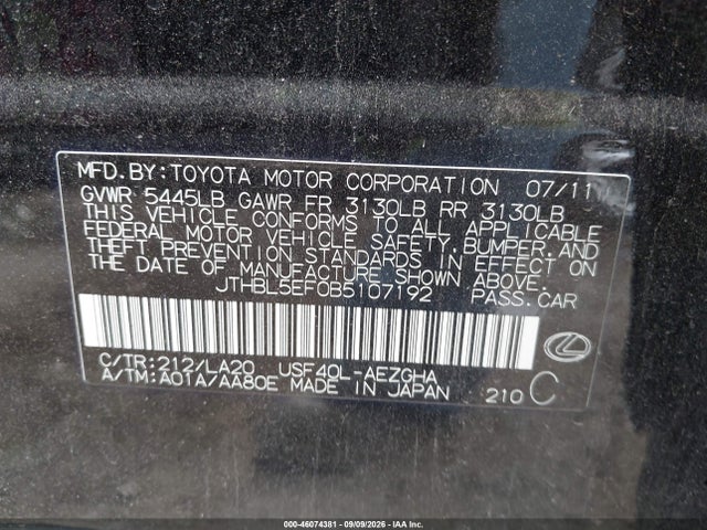 Aukcja sprzedaży 2011 Lexus Ls 460, vin: JTHBL5EF0B5107192, numer aukcji: 46074381
