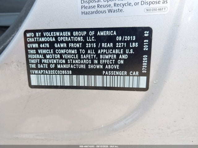 Aukcja sprzedaży 2014 Volkswagen Passat 2.5l S, vin: 1VWAP7A32EC026538, numer aukcji: 46074393