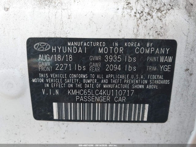 Продаж на аукціоні авто 2019 Hyundai Ioniq Hybrid Blue, vin: KMHC65LC4KU110717, номер лоту: 46074398