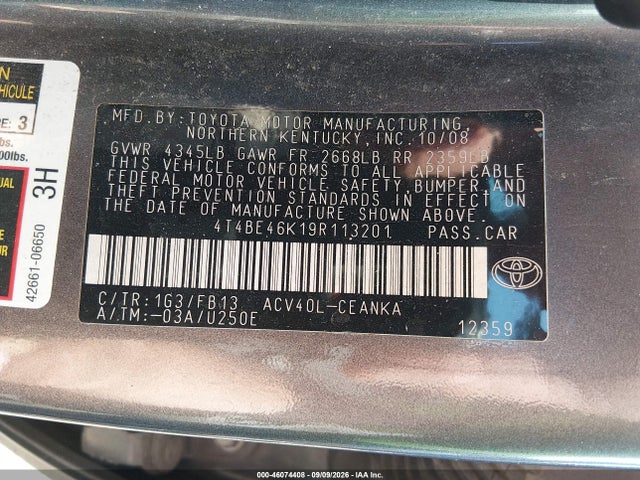 46074408 :رقم المزاد ، 4T4BE46K19R113201 vin ، 2009 Toyota Camry Le مزاد بيع