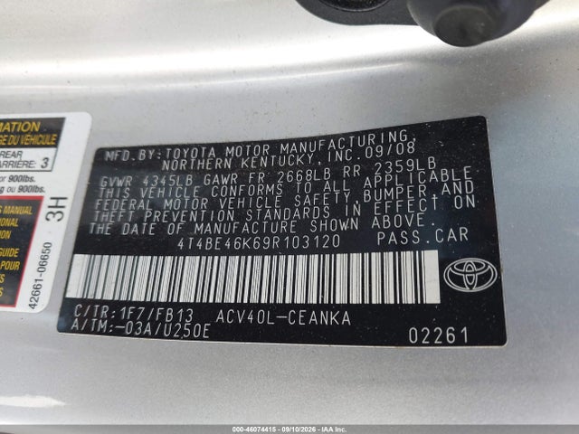 Продажа на аукционе авто 2009 Toyota Camry Le, vin: 4T4BE46K69R103120, номер лота: 46074415