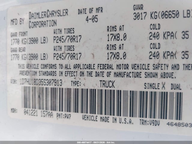Aukcja sprzedaży 2005 Dodge Ram 1500 Slt/laramie, vin: 1D7HU18D35S307913, numer aukcji: 46074417