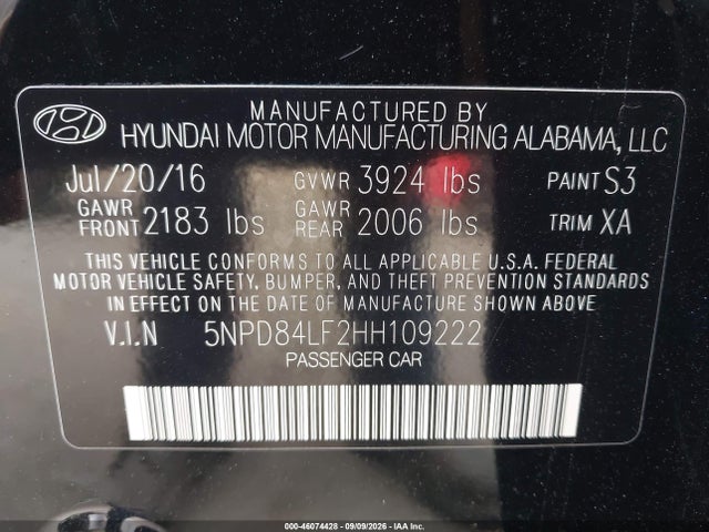 2017 Hyundai Elantra Se მანქანა იყიდება აუქციონზე, vin: 5NPD84LF2HH109222, აუქციონის ნომერი: 46074428
