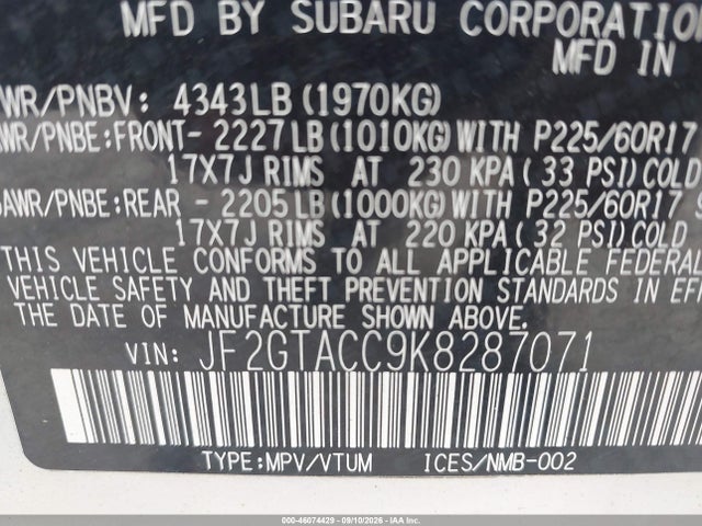 46074429 :رقم المزاد ، JF2GTACC9K8287071 vin ، 2019 Subaru Crosstrek 2.0i Premium مزاد بيع