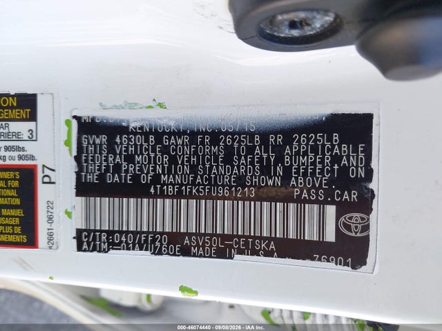 46074440 :رقم المزاد ، 4T1BF1FK5FU961213 vin ، 2015 Toyota Camry Se مزاد بيع