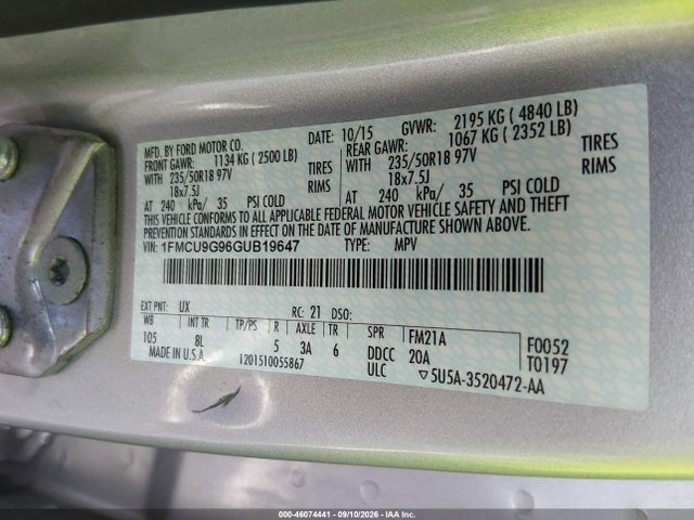 46074441 :رقم المزاد ، 1FMCU9G96GUB19647 vin ، 2016 Ford Escape Se مزاد بيع
