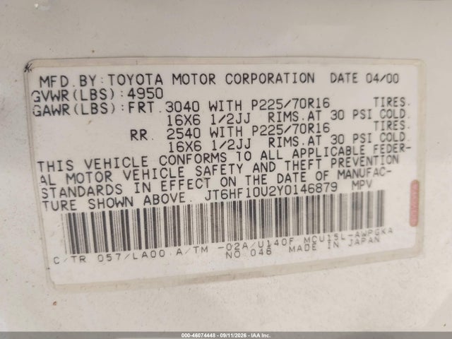 46074448 :رقم المزاد ، JT6HF10U2Y0146879 vin ، 2000 Lexus Rx 300 مزاد بيع