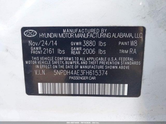 Aukcja sprzedaży 2015 Hyundai Elantra Se, vin: 5NPDH4AE3FH615374, numer aukcji: 46074458