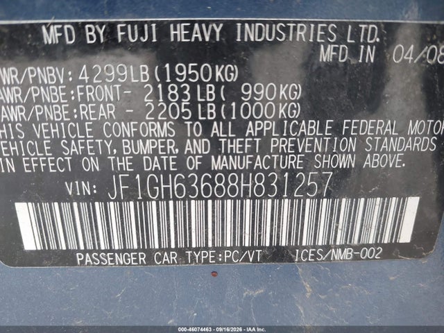 2008 Subaru Impreza Outback Sport მანქანა იყიდება აუქციონზე, vin: JF1GH63688H831257, აუქციონის ნომერი: 46074463
