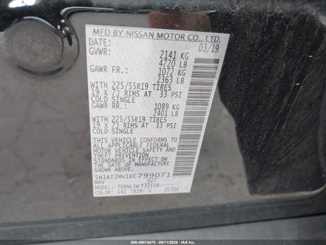 Продажа на аукционе авто 2019 Nissan Rogue Sl, vin: 5N1AT2MV1KC799071, номер лота: 46074470