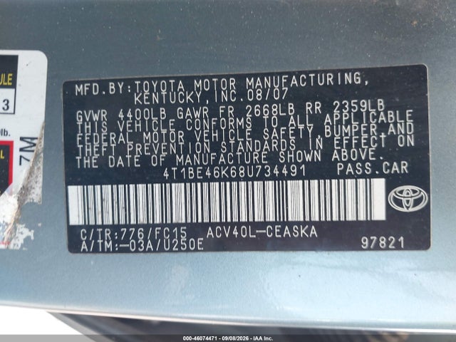 46074471 :رقم المزاد ، 4T1BE46K68U734491 vin ، 2008 Toyota Camry Se مزاد بيع