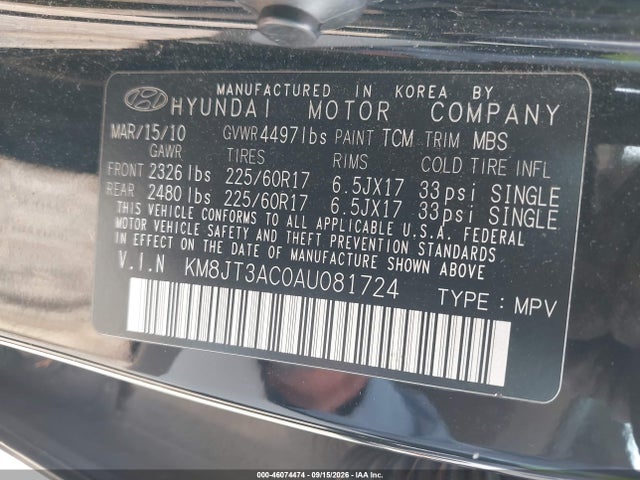 Продажа на аукционе авто 2010 Hyundai Tucson Gls, vin: KM8JT3AC0AU081724, номер лота: 46074474
