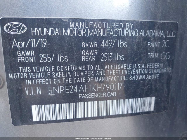 46074484 :رقم المزاد ، 5NPE24AF1KH790117 vin ، 2019 Hyundai Sonata Se مزاد بيع