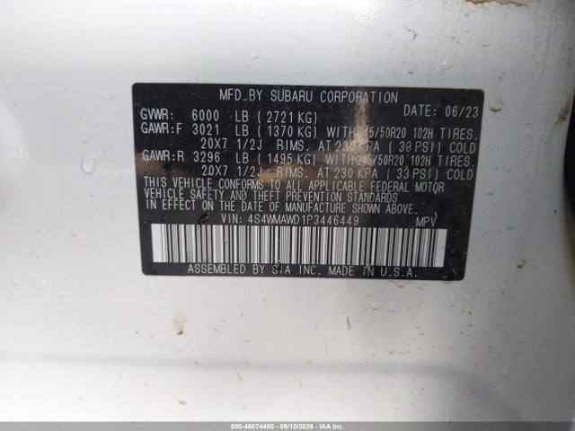 46074490 :رقم المزاد ، 4S4WMAWD1P3446449 vin ، 2023 Subaru Ascent Touring 7-passenger مزاد بيع