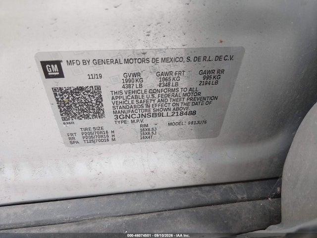 Aukcja sprzedaży 2020 Chevrolet Trax Awd Ls, vin: 3GNCJNSB9LL218488, numer aukcji: 46074501