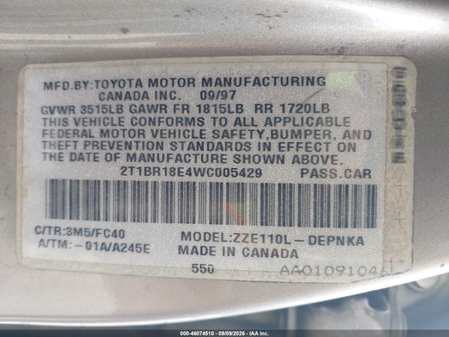 Auction sale of the 1998 Toyota Corolla Le, vin: 2T1BR18E4WC005429, lot number: 46074510