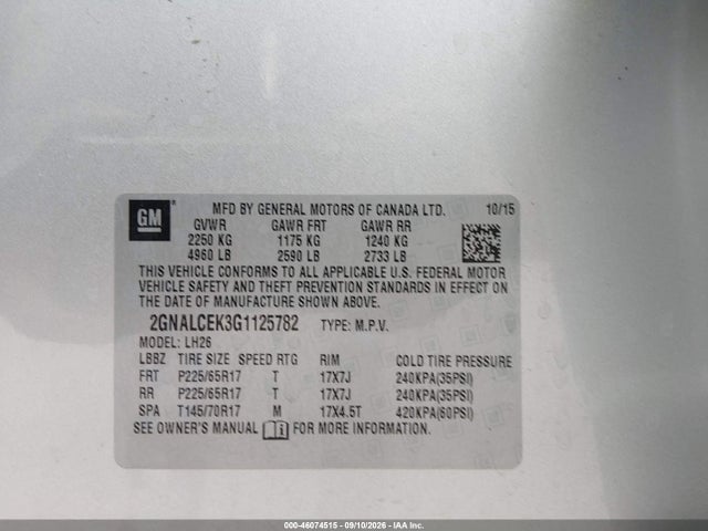 Aukcja sprzedaży 2016 Chevrolet Equinox Lt, vin: 2GNALCEK3G1125782, numer aukcji: 46074515