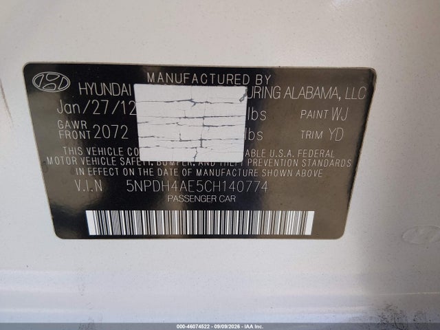 46074522 :رقم المزاد ، 5NPDH4AE5CH140774 vin ، 2012 Hyundai Elantra Gls مزاد بيع