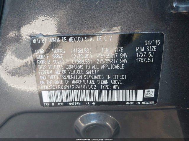 2016 Honda Hr-v Ex-l მანქანა იყიდება აუქციონზე, vin: 3CZRU6H7XGM707902, აუქციონის ნომერი: 46074546