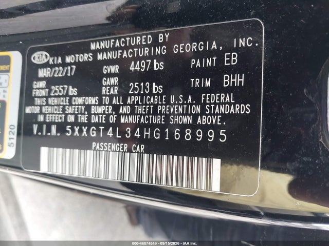 Aukcja sprzedaży 2017 Kia Optima Lx, vin: 5XXGT4L34HG168995, numer aukcji: 46074549