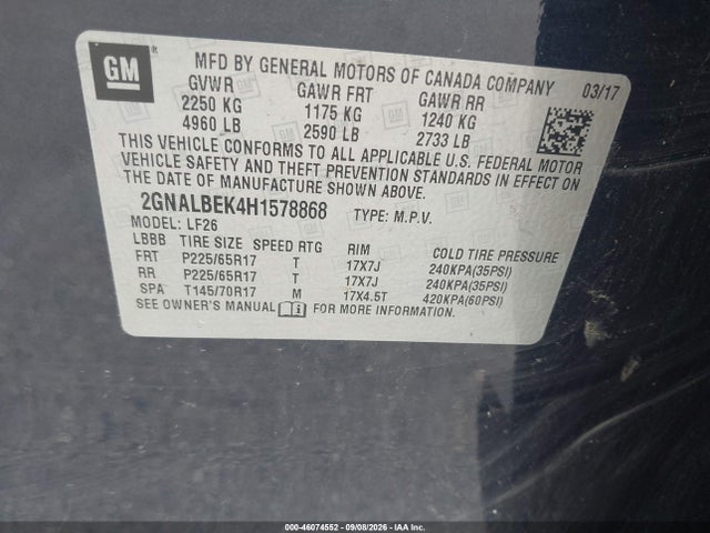 Продаж на аукціоні авто 2017 Chevrolet Equinox Ls, vin: 2GNALBEK4H1578868, номер лоту: 46074552
