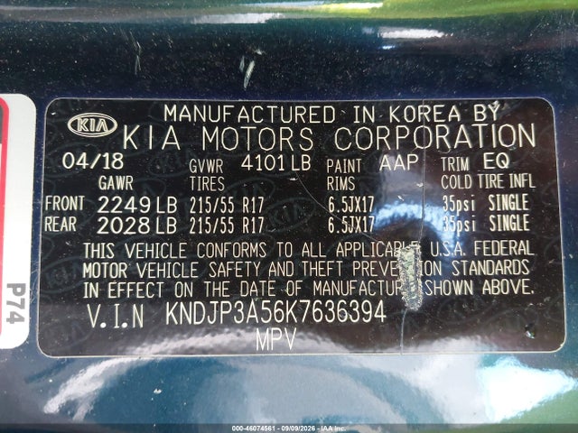 46074561 :رقم المزاد ، KNDJP3A56K7636394 vin ، 2019 Kia Soul + مزاد بيع