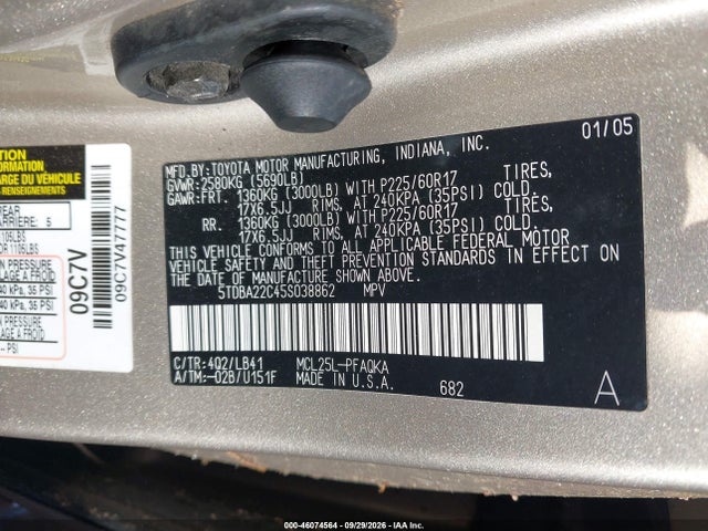 Aukcja sprzedaży 2005 Toyota Sienna Xle Limited, vin: 5TDBA22C45S038862, numer aukcji: 46074564