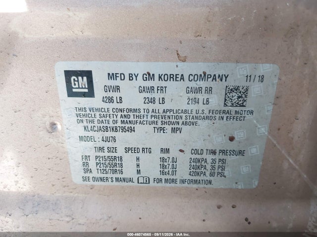 Aukcja sprzedaży 2019 Buick Encore Fwd Preferred, vin: KL4CJASB1KB795494, numer aukcji: 46074565