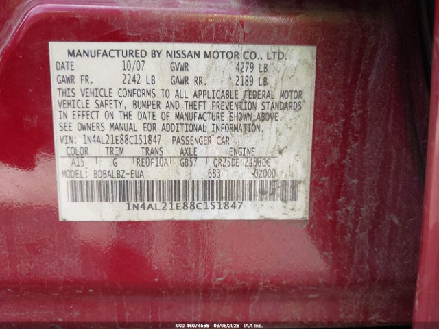 46074566 :رقم المزاد ، 1N4AL21E88C151847 vin ، 2008 Nissan Altima 2.5 S مزاد بيع