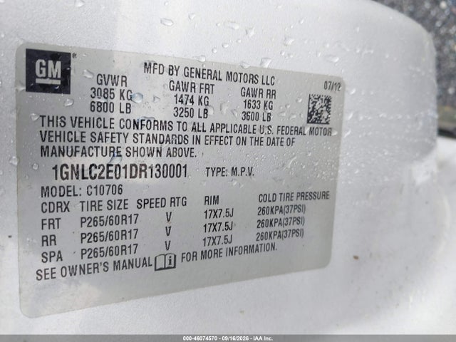 46074570 :رقم المزاد ، 1GNLC2E01DR130001 vin ، 2013 Chevrolet Tahoe Commercial Fleet مزاد بيع