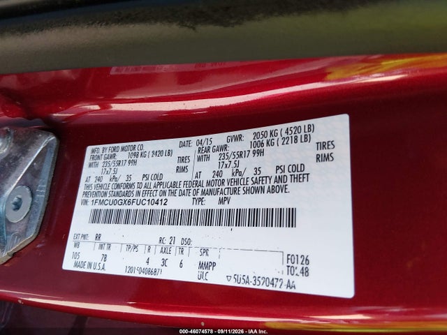 2015 Ford Escape Se მანქანა იყიდება აუქციონზე, vin: 1FMCU0GX6FUC10412, აუქციონის ნომერი: 46074578