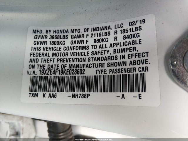 2019 Honda Insight Lx მანქანა იყიდება აუქციონზე, vin: 19XZE4F19KE028602, აუქციონის ნომერი: 46074579