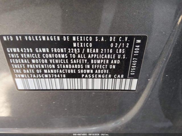 2012 Volkswagen Jetta 2.0l Tdi მანქანა იყიდება აუქციონზე, vin: 3VWLL7AJ5CM379418, აუქციონის ნომერი: 46074593