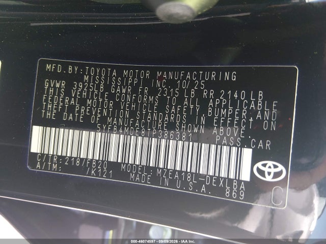 Aukcja sprzedaży 2026 Toyota Corolla Le, vin: 5YFB4MDE8TP386381, numer aukcji: 46074597