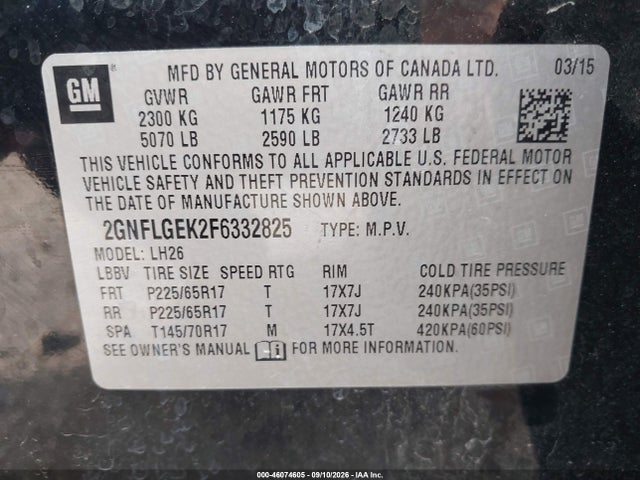2015 Chevrolet Equinox 2lt მანქანა იყიდება აუქციონზე, vin: 2GNFLGEK2F6332825, აუქციონის ნომერი: 46074605