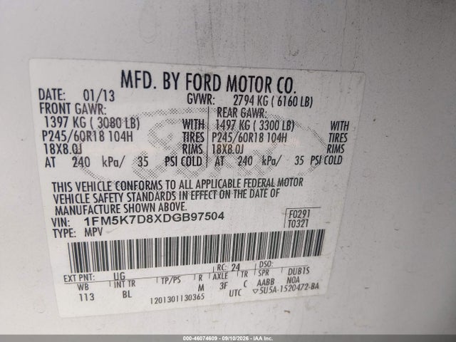 Продаж на аукціоні авто 2013 Ford Explorer Xlt, vin: 1FM5K7D8XDGB97504, номер лоту: 46074609