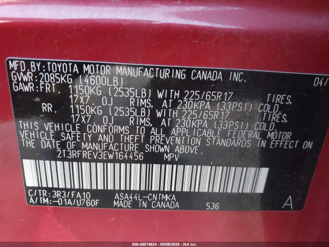46074624 :رقم المزاد ، 2T3RFREV3EW164456 vin ، 2014 Toyota Rav4 Xle مزاد بيع