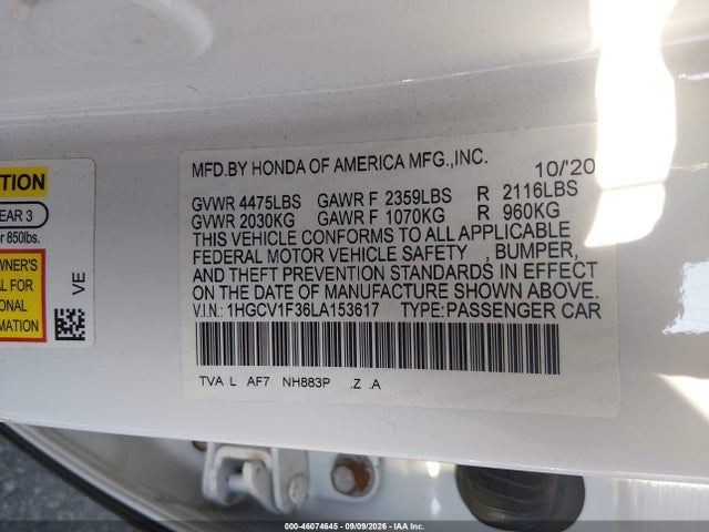 Продаж на аукціоні авто 2020 Honda Accord Sport, vin: 1HGCV1F36LA153617, номер лоту: 46074645