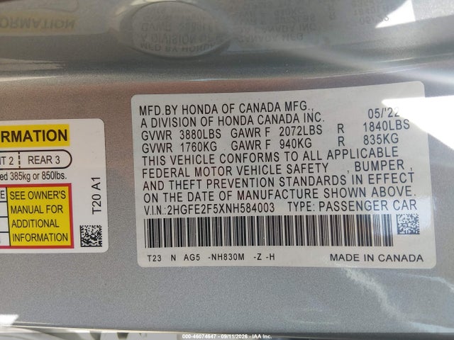 Продажа на аукционе авто 2022 Honda Civic Sport, vin: 2HGFE2F5XNH584003, номер лота: 46074647