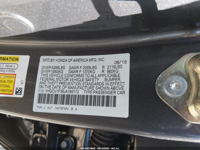 46074649 :رقم المزاد ، 1HGCV1F58JA185113 vin ، 2018 Honda Accord Ex-l مزاد بيع